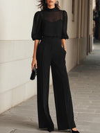 Ensemble de trois pièces : débardeur noir transparent et pantalon à jambes larges
