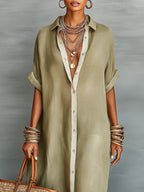 Manelle | Robe Longue Vert Olive Aux Lignes Minimalistes