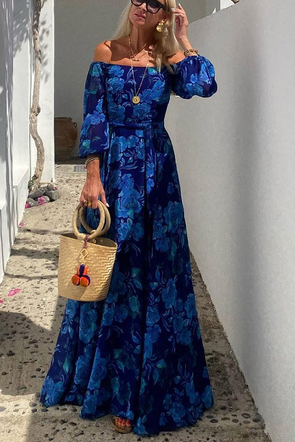 Luna™ | Vestido largo con estampado floral y mangas que dejan los hombros al descubierto
