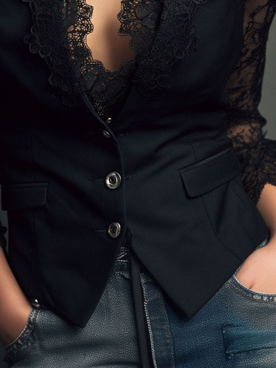Elegante Top Blazer con Maniche a Pannelli in Pizzo Nero