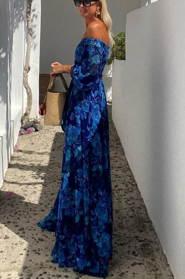 Luna™ | Vestido largo con estampado floral y mangas que dejan los hombros al descubierto