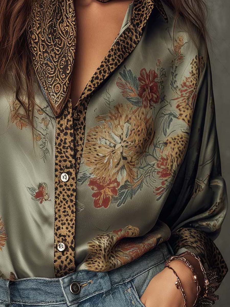 Camicia a Maniche Lunghe in Raso con Motivi Floreali e Bordi Leopardati