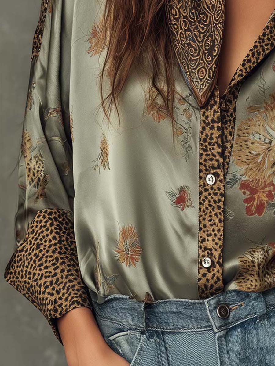 Camicia a Maniche Lunghe in Raso con Motivi Floreali e Bordi Leopardati