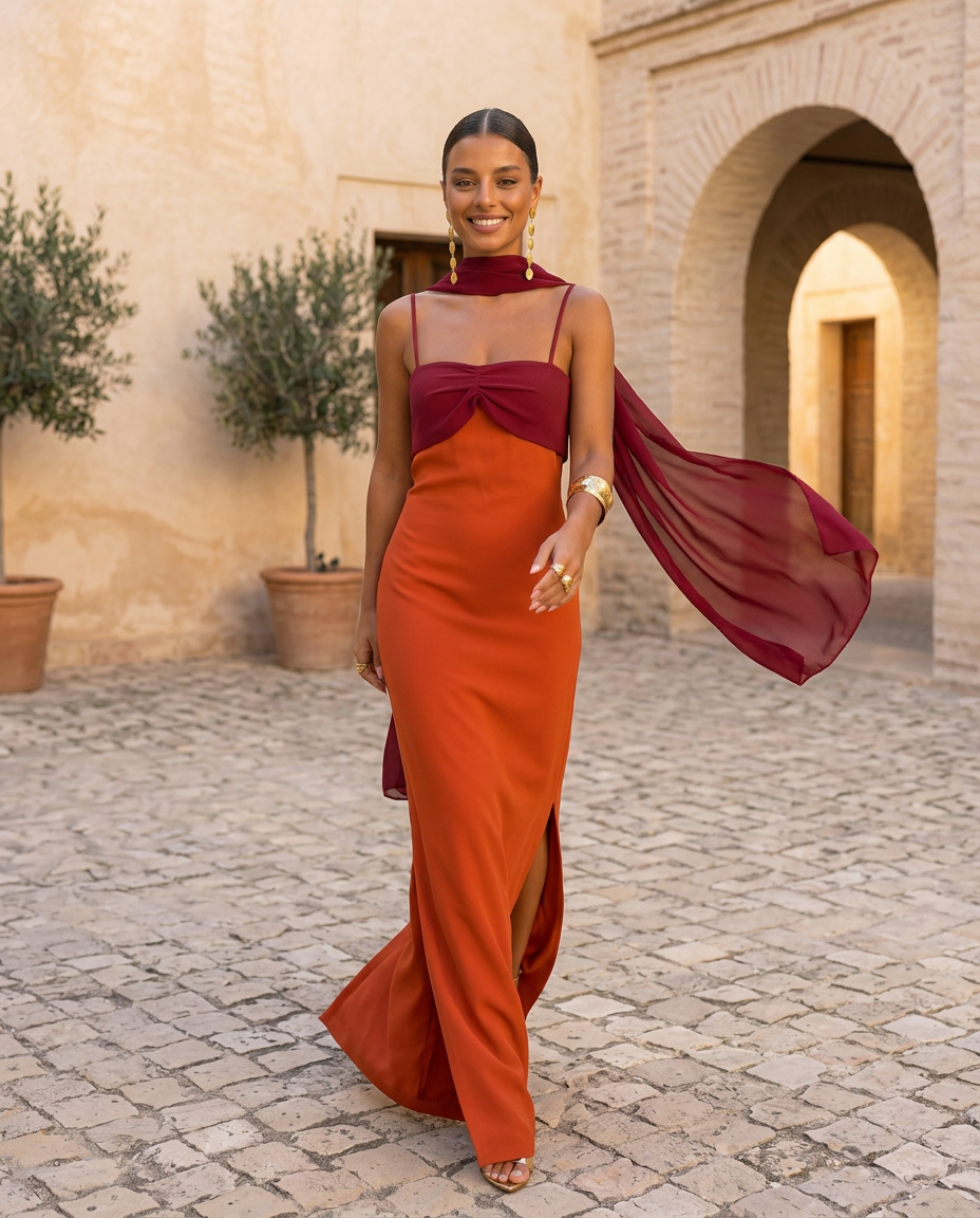 Zahara | Abito Arancione con Scollo Rosso