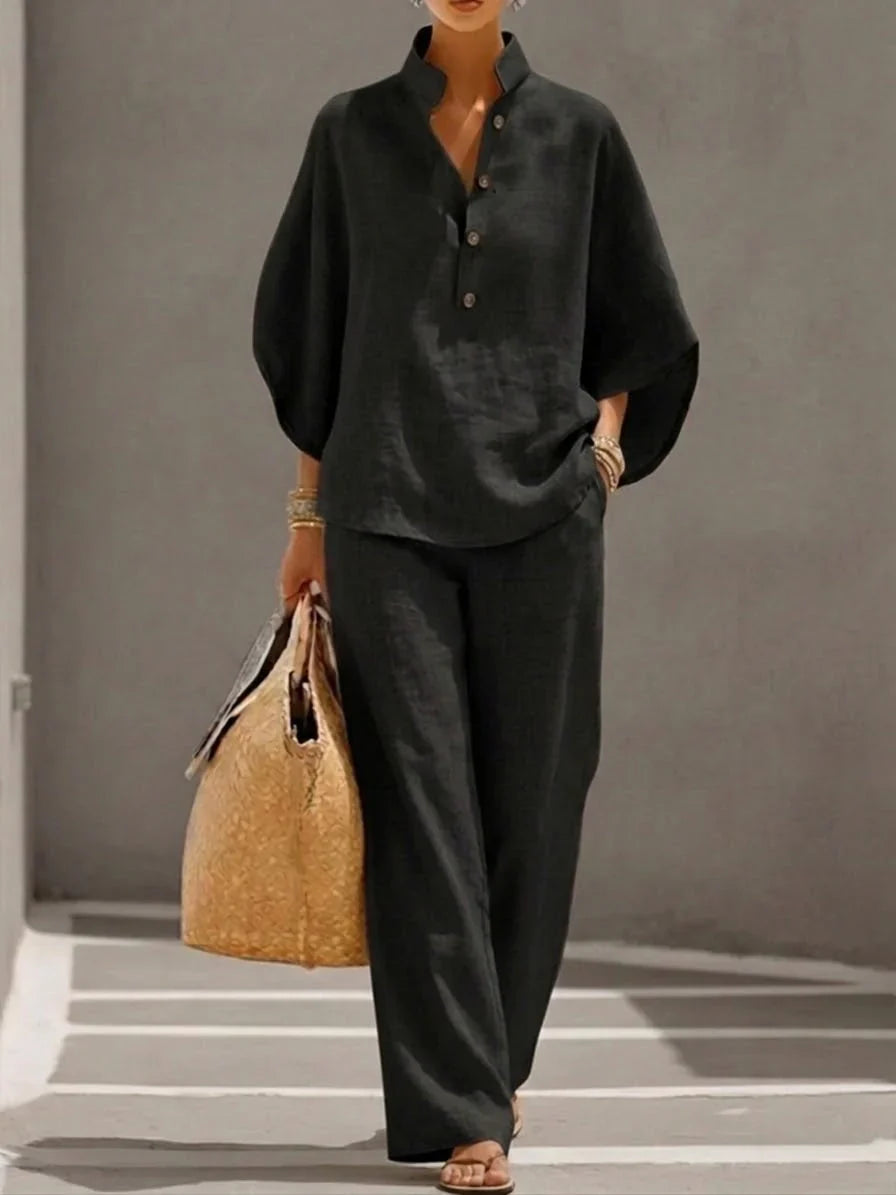 Maribel | Completo Lino Maniche Pipistrello e Pantalone Ampio
