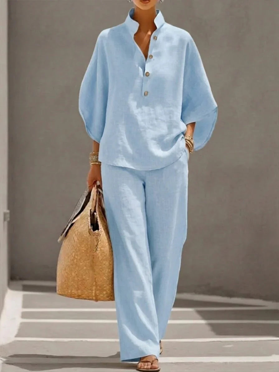Maribel | Completo Lino Maniche Pipistrello e Pantalone Ampio