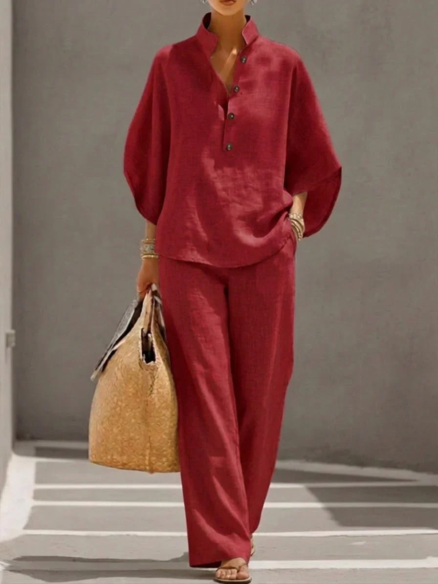 Maribel | Completo Lino Maniche Pipistrello e Pantalone Ampio