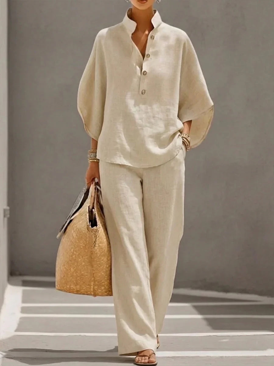 Maribel | Completo Lino Maniche Pipistrello e Pantalone Ampio