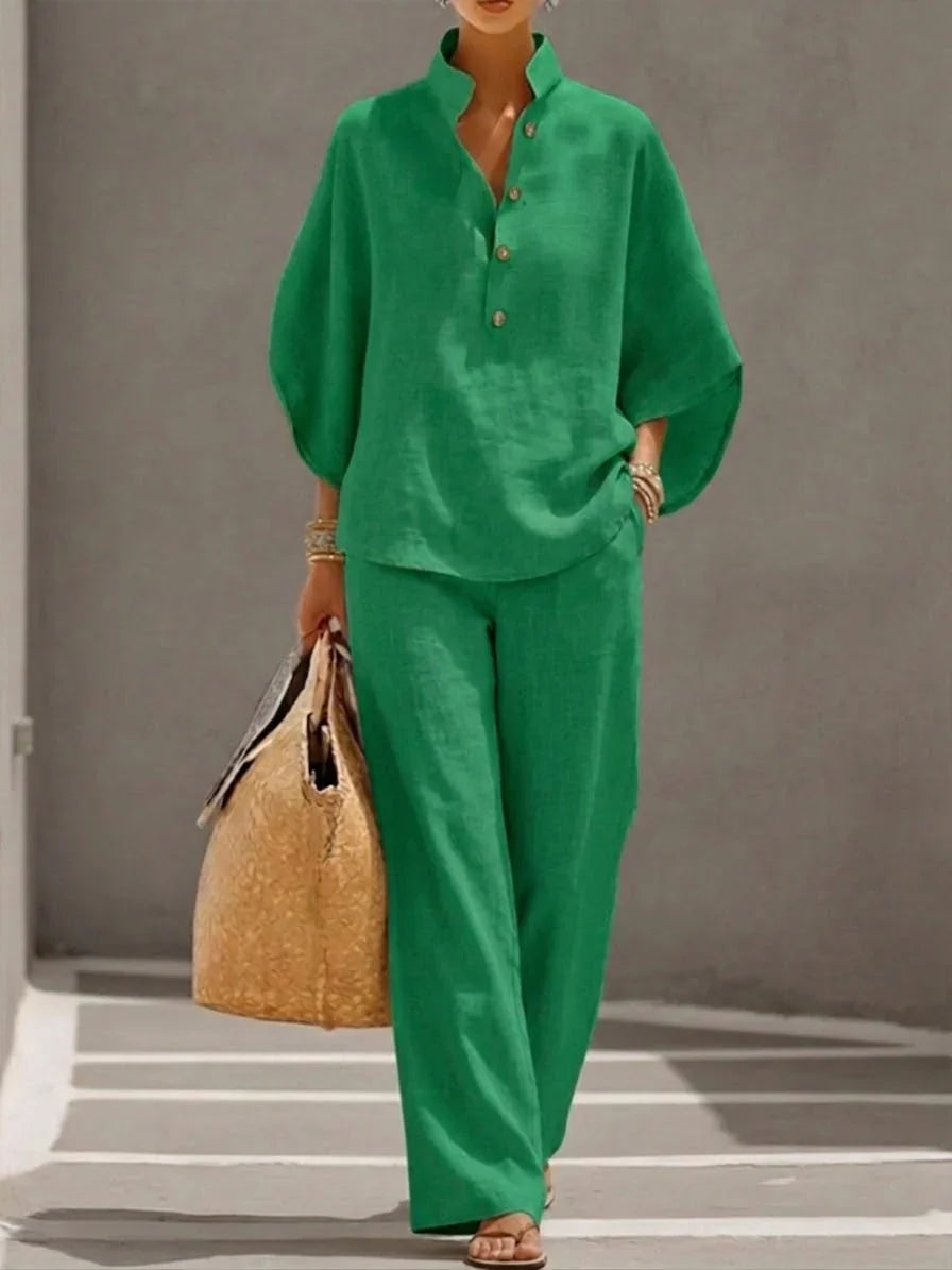 Maribel | Completo Lino Maniche Pipistrello e Pantalone Ampio