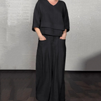 Liza - Ensemble en coton et toile 2 pièces - Haut à col en V et pantalon à jambes larges
