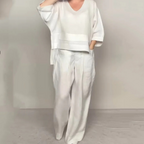 Liza - Ensemble en coton et toile 2 pièces - Haut à col en V et pantalon à jambes larges